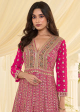 HOT PINK GEORGETTE ANARKALI GOWN WITH ALL-OVER ZARKAN EMBROIDERY