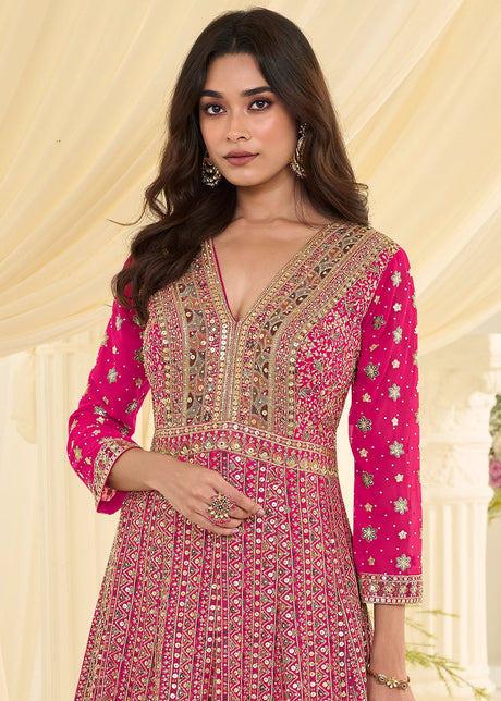 HOT PINK GEORGETTE ANARKALI GOWN WITH ALL-OVER ZARKAN EMBROIDERY