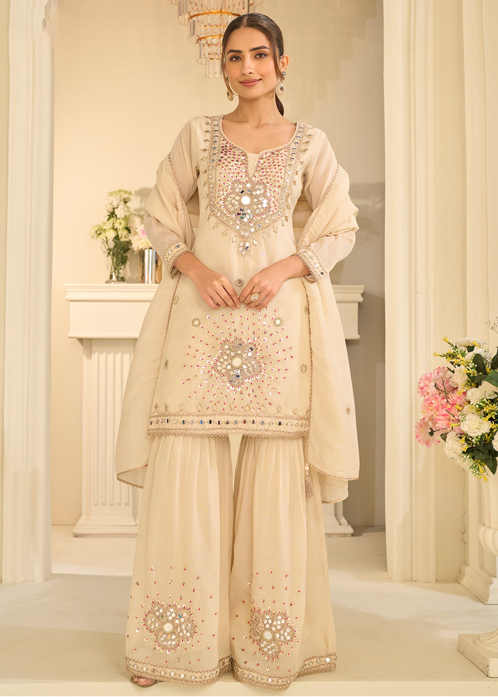 Cream Mirror Work Shimmer Silk Festive Gharara Suit
