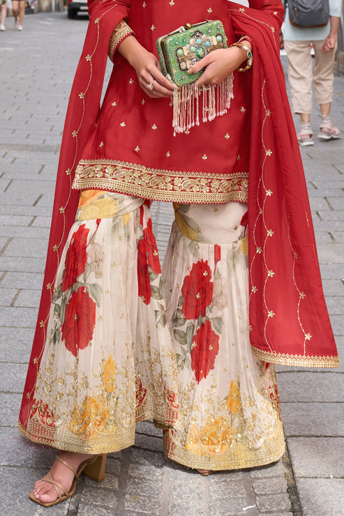 Red Embroidered Chinon Suit