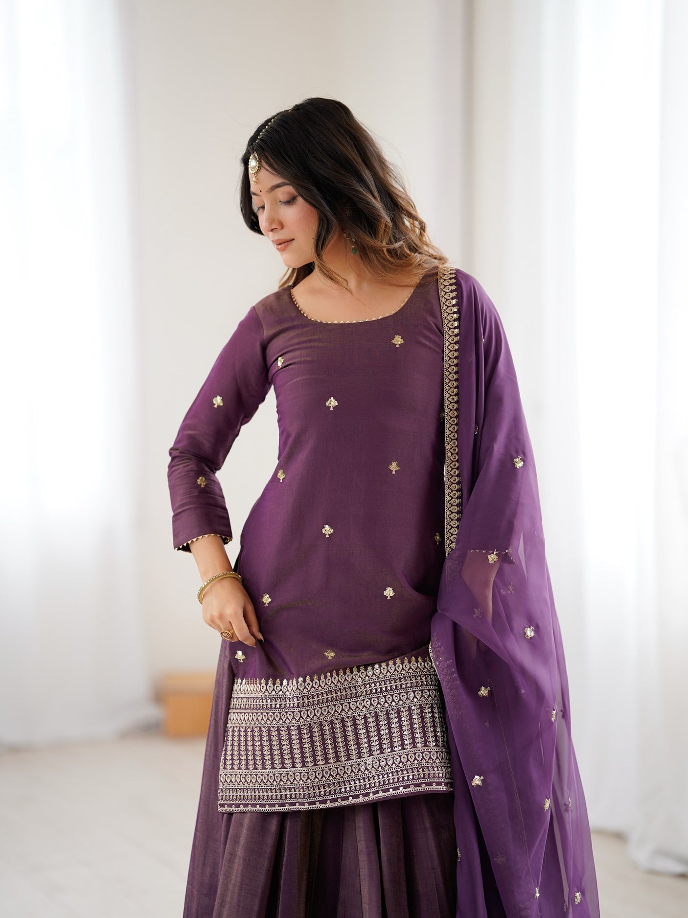 Odette Wine Silk Embroidered Sharara Set
