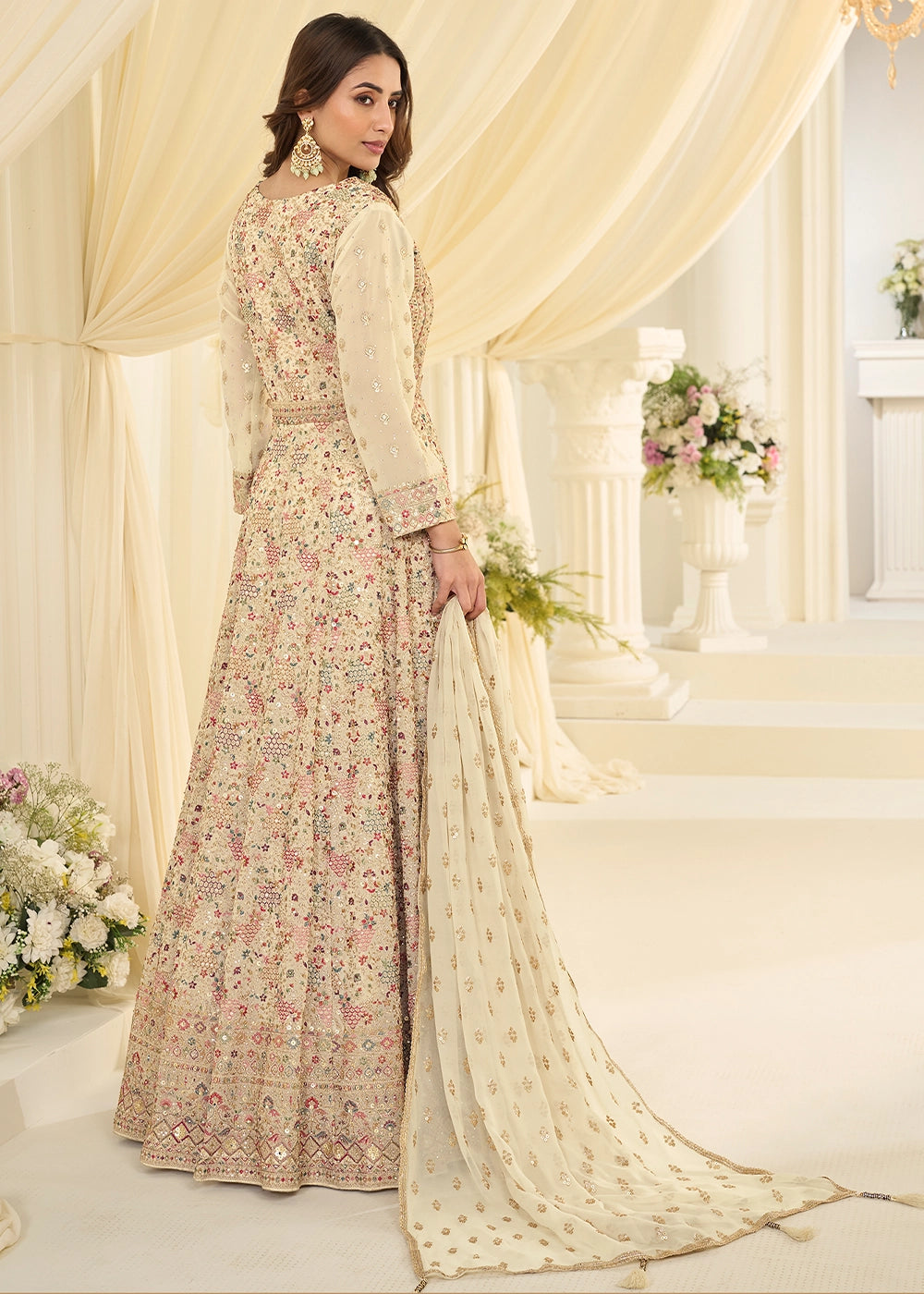CREAM WHITE GEORGETTE ANARKALI GOWN WITH ALL-OVER ZARKAN EMBROIDERY