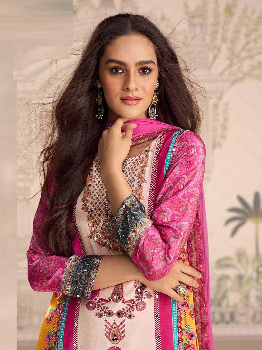 Embroidered Crepe Kurti With Plazzo & Dupatta