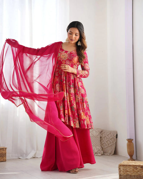 Rani Pink Silk Anarkali with Palazzo and Dupatta Set