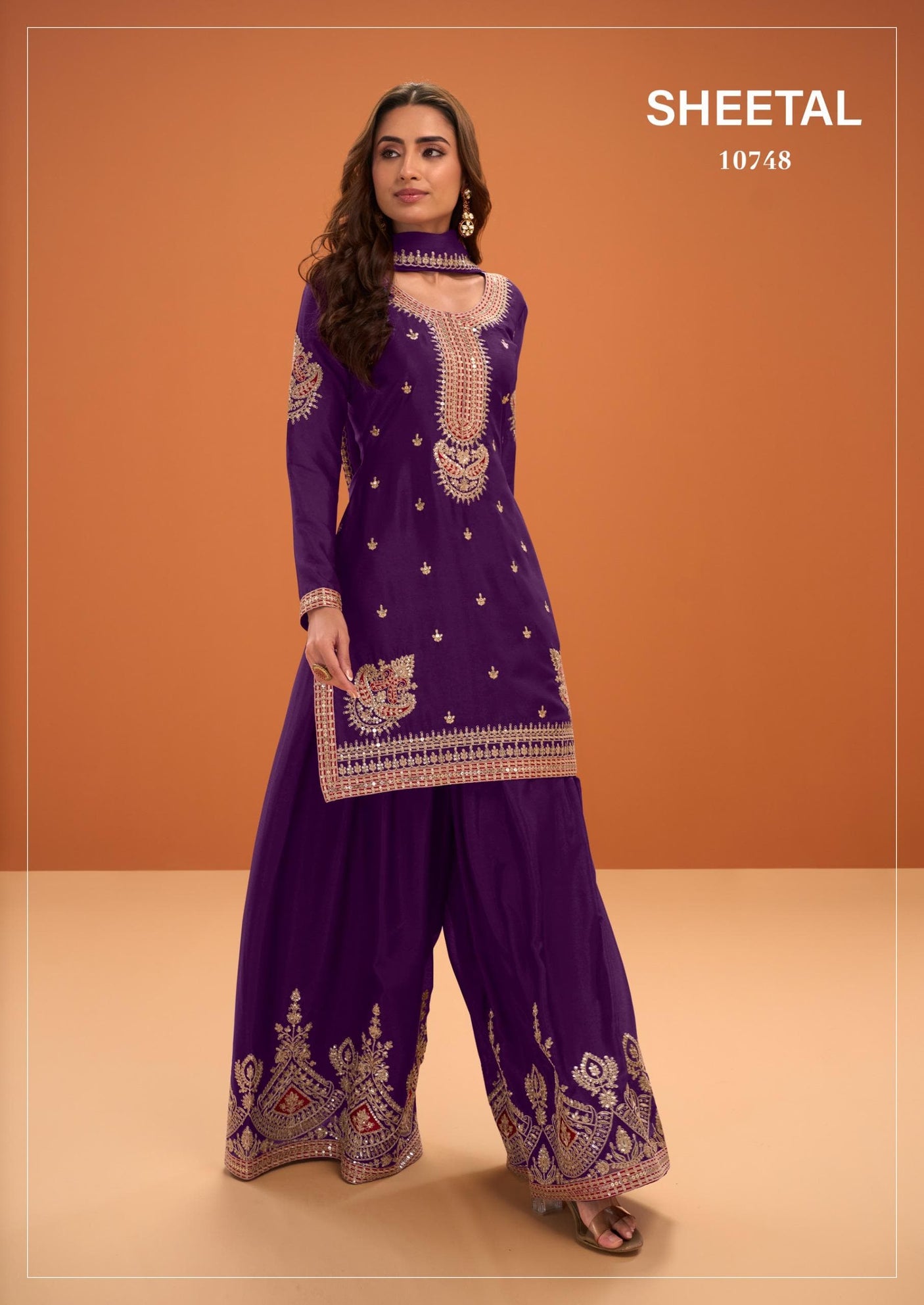 Attractive Purple Chinnon Silk Festive Palazzo Suit
