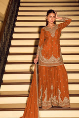 Orange Embroidered Sharara Set with Dupatta