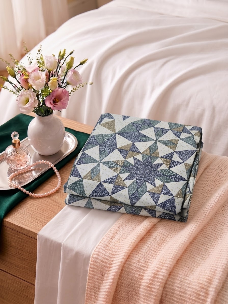 Pakistani King Size Bedsheet with Pillow Cover - Navy Grey Geometric Star