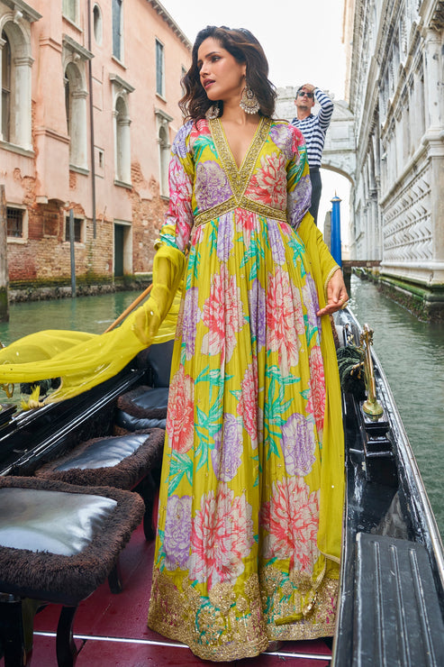 Lime Green Chinon Silk Gown with Dupatta