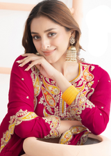 Hot Pink Appliqué Chinon Sharara Suit