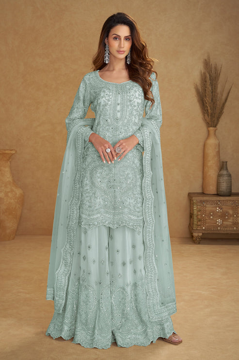 Blue Grey Embroidered Net Suit
