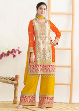 Cream & Orange Dabka Dori & Mirror Pant Style Suit