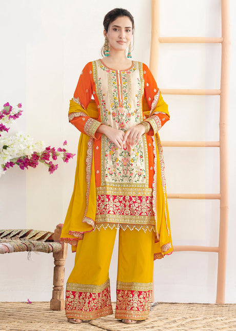 Cream & Orange Dabka Dori & Mirror Pant Style Suit