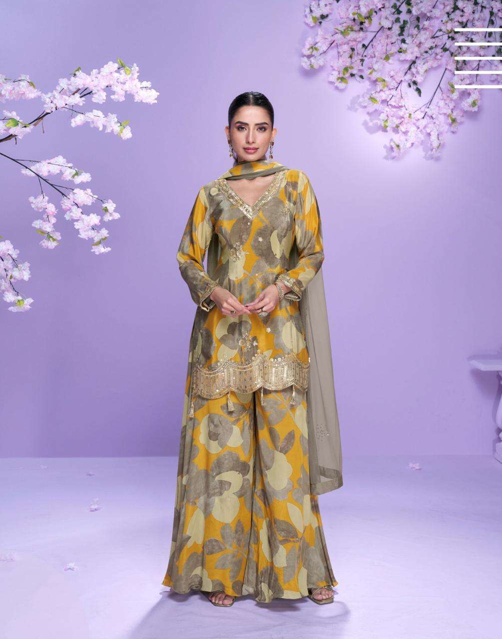 Multicolor Embroidered Chinon Palazzo Suit
