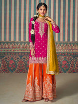 Embroidered Chinon Silk Kurta With Plazzo & Dupatta