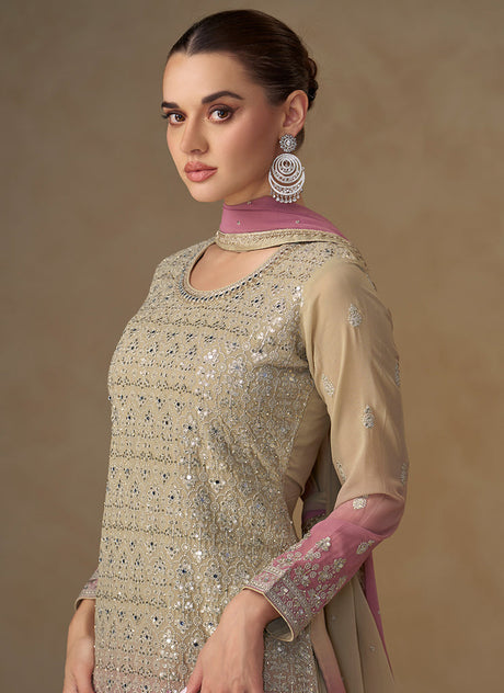 Beige Pink Ombré Embroidery Sharara Style Suit