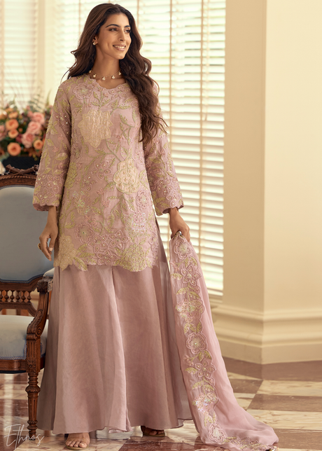 Pastel Pink Garden Simar Silk Palazzo Suit