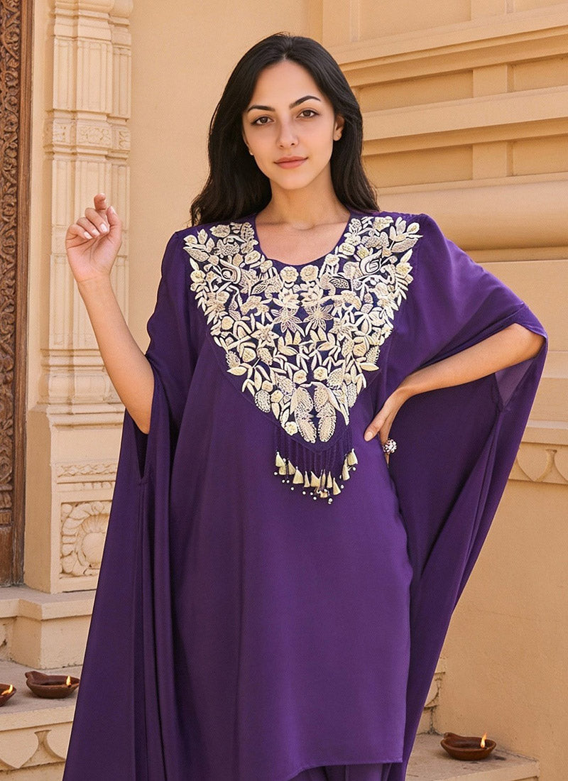 Purple Crepe Silk Zari Beads Sequins Zardosi