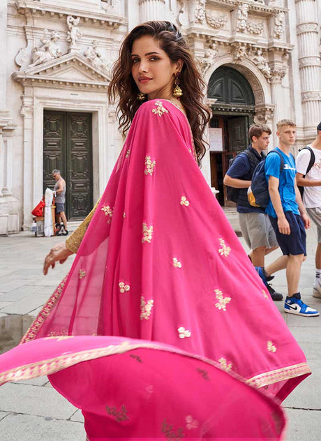 Yellow Pink Ombre Embroidery Anarkali Sharara Suit