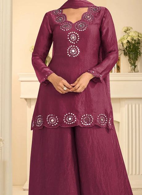 Wine Tora Silk Embroidered Mirror Work Thread Palazzo Suit Festive Wear