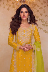 Yellow Chinon Embroidered  Suit