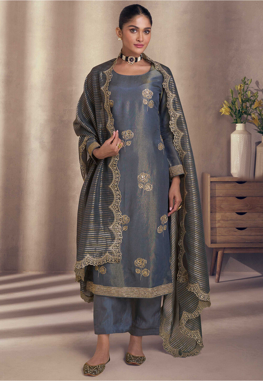 Embroidered Art Silk Suit in Dusty Blue