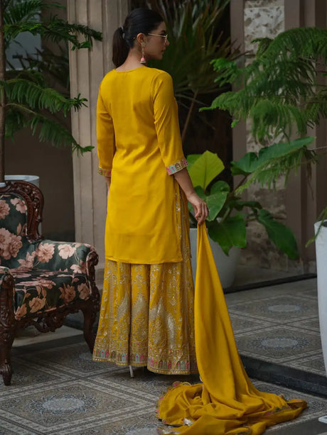 Motifs Embroidered Straight Kurta & Sharara With Dupatta