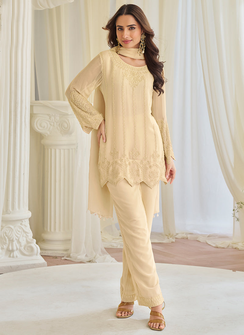 Cream Chinon Silk Embroidery Work Festival wear Salwar Suit