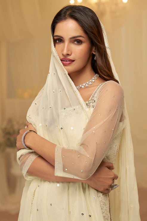 Off White  Embroidered Georgette Sharara Suit