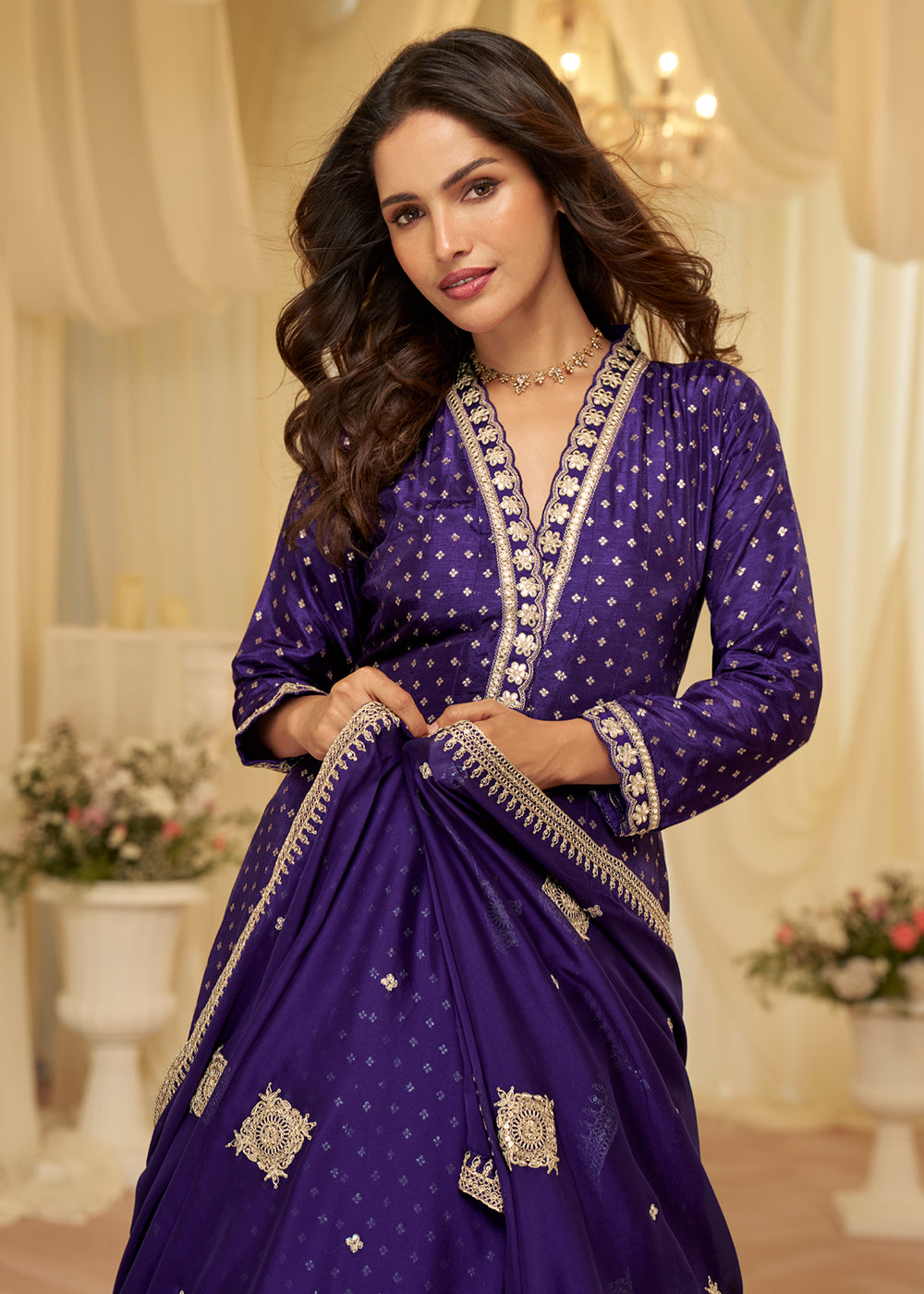 Violet Viscose Jacquard Silk With Embroidery Work Anarkali Suit