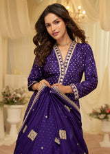 Violet Viscose Jacquard Silk With Embroidery Work Anarkali Suit