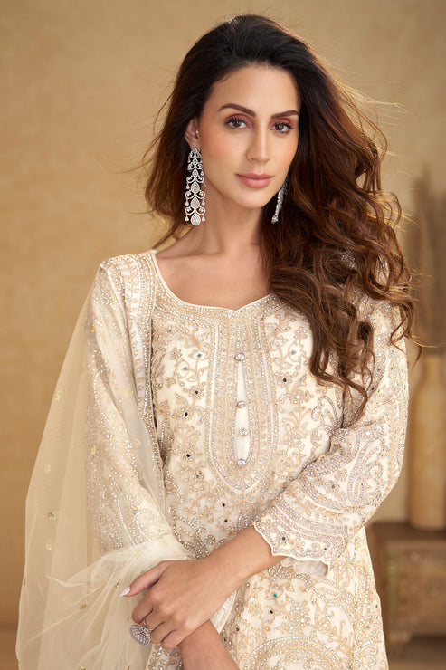 Cream  Embroidered Luxury Net Suit