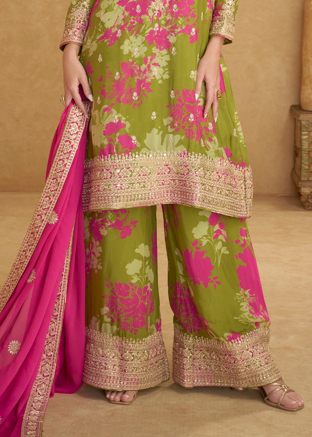 Olive Green Chinon Silk With Palazzo Suit