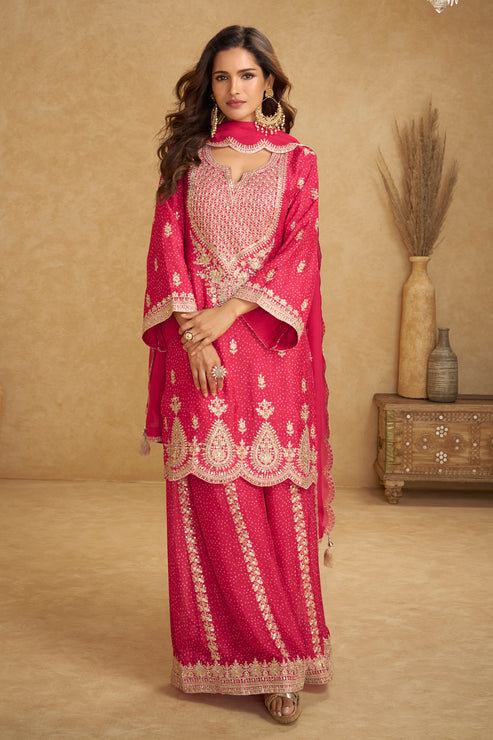 Pink  Embroidered Chinon Suit