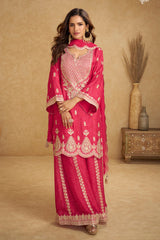 Pink  Embroidered Chinon Suit