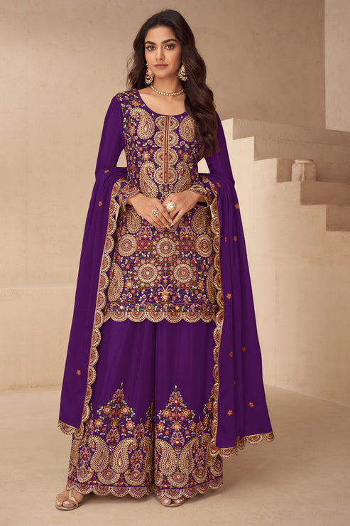 Purple Embroidered Chinon Suit