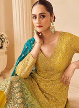 Yellow Ombre Multi Embroidery Anarkali Sharara Suit