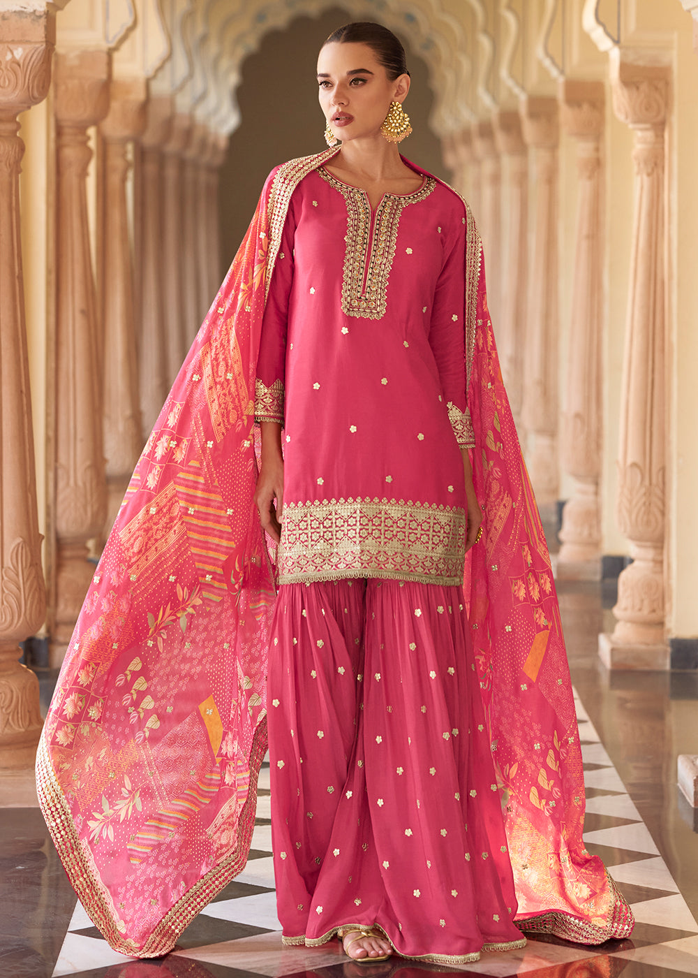 Pink Premium Chinnon Silk Festive Wear Gharara Suit