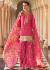 Pink Premium Chinnon Silk Festive Wear Gharara Suit