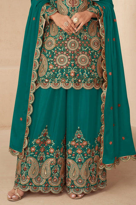 Green Embroidered Chinon Suit