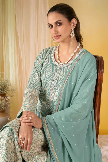 Sea Green Designer Embroidered Georgette Palazzo Salwar Kameez