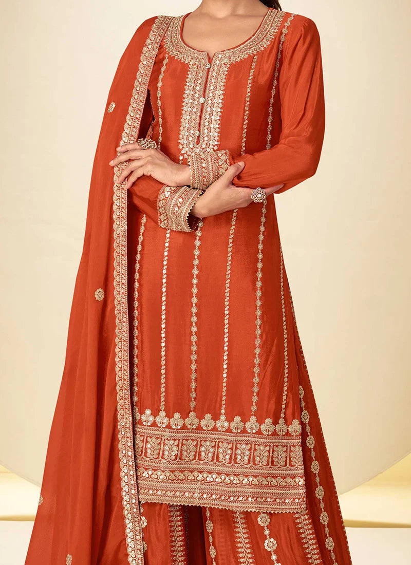 Orange Chinon Embroidered Sequins Palazzo Suit Festive Wear