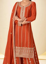 Orange Chinon Embroidered Sequins Palazzo Suit Festive Wear