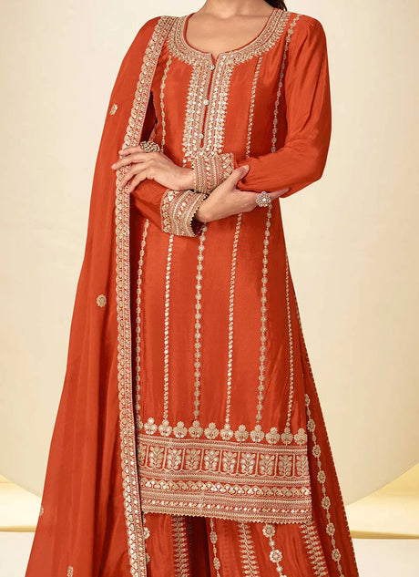 Orange Chinon Embroidered Sequins Palazzo Suit Festive Wear