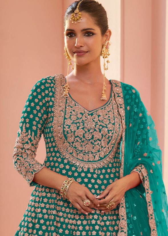 Turquoise Georgette Kurti Lehenga With Zari Detail