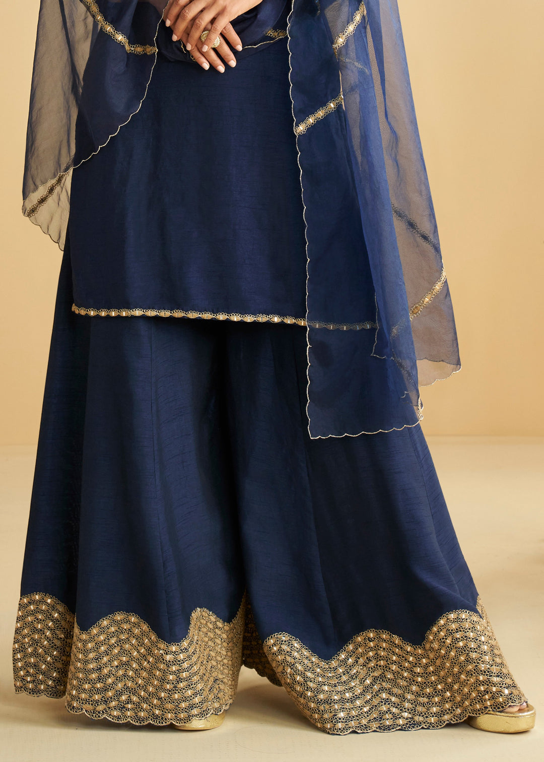 Deep Navy Blue Silk Palazzo Suit