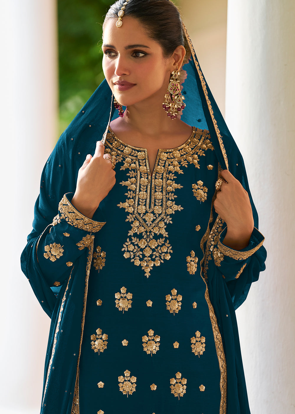 Teal Chinnon Silk Palazzo Suit