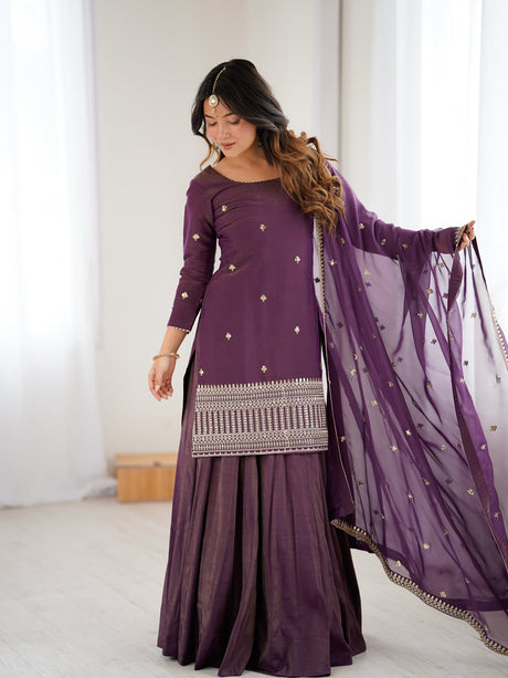 Odette Wine Silk Embroidered Sharara Set