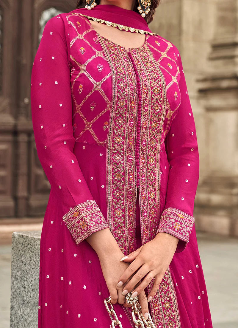 Pink Jacquard Silk Embroidered High Slit Palazzo Suit Wedding Wear