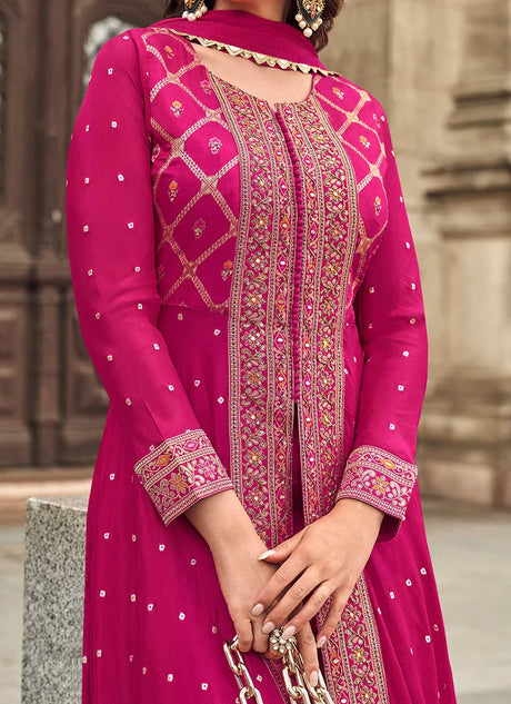 Pink Jacquard Silk Embroidered High Slit Palazzo Suit Wedding Wear