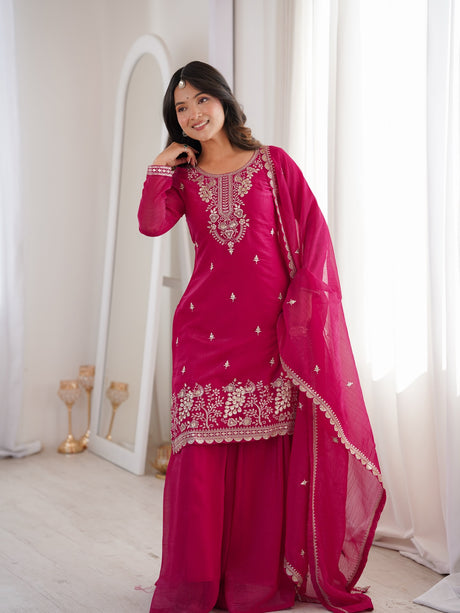 Dark Pink Embroidered Kurta With Flowy Palazzo